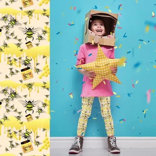 Thumbnail: Toddler wearing bee print leggings outdoors in white Papaya Whip colour base