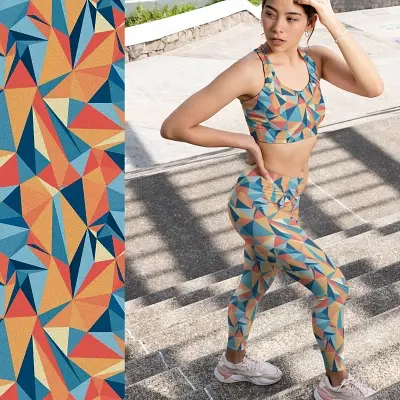 Thumbnail: Adult with pockets version of Hexa Harmony printed leggings styled with bra