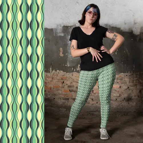 Thumbnail: Woman in 2XS–6XL leggings with pockets featuring Banana Mania base with teal wave pattern
