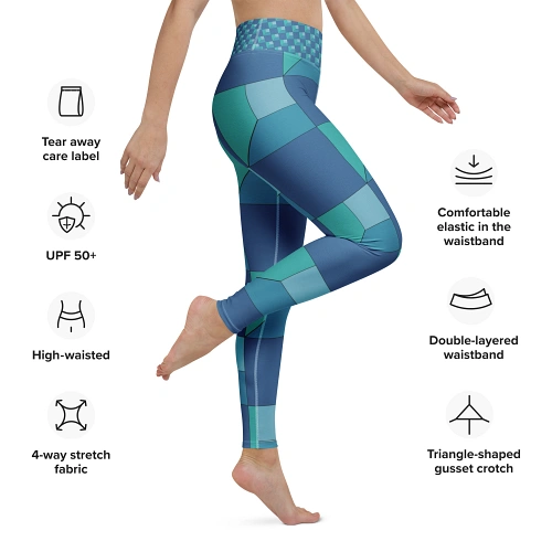 Close-up of teal geometric Smother Colour leggings pattern
