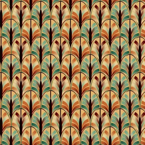 Thumbnail: Art Deco-inspired leggings with arched motifs in beige, terracotta, and teal.