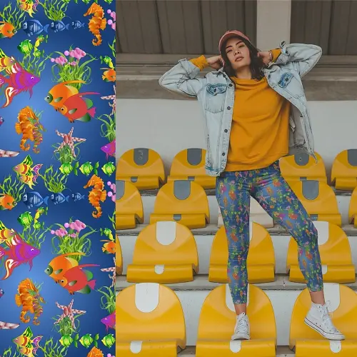 Thumbnail: Adult woman wearing blue pattern high-waisted leggings in colourful ocean tones