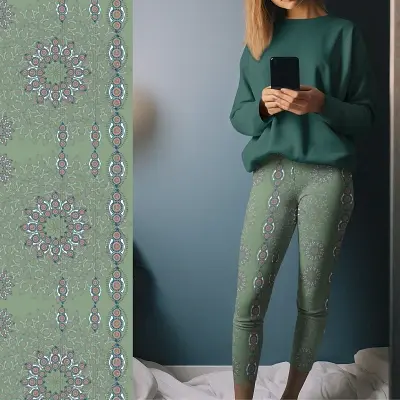 Thumbnail: Lady wearing Adult Sizes (XS-XL): Dark Sea Green mandala leggings with bold circular patterns.