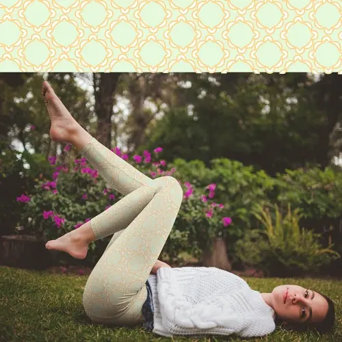 Thumbnail: Model wearing Panache base leggings with abstract floral patterns