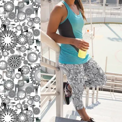 Thumbnail: Capris: Monochrome steampunk capris with gears, screws, and mechanical patterns.