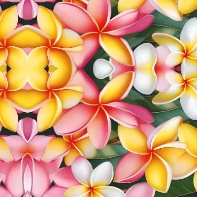 Thumbnail: A vibrant symmetrical pattern of frangipani flowers in pinks, yellows, and whites.