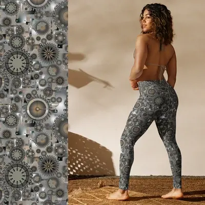 Adult Sizes (XS-XL): Rust-toned steampunk leggings with cogs, bolts, and metal plate details.