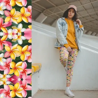 Thumbnail: Adult (XS-XL): A woman stretching in pink, yellow, and white frangipani floral leggings.