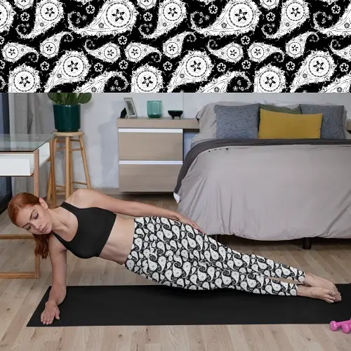Thumbnail: model wearing 2XS–6XL Paisley Reverie leggings with side pockets
