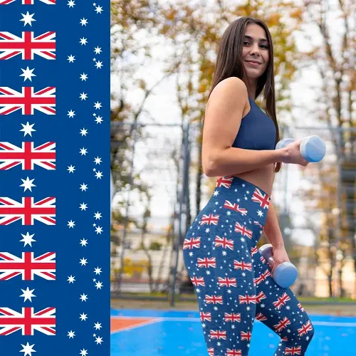 Thumbnail: Model in the 3047 Australian Flag Pattern Leggings (2XS-6XL) with pockets, styled with a red hoodie.