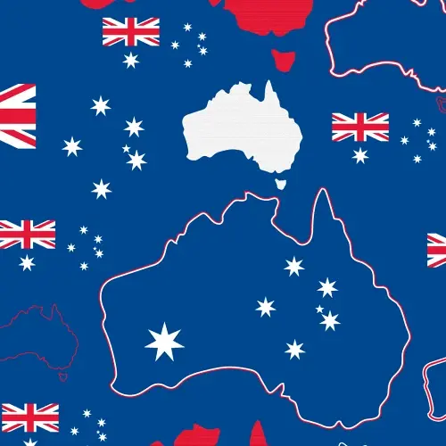Thumbnail: Close-up of the Australian Flag Pattern, featuring outlined maps of Australia on deep blue.