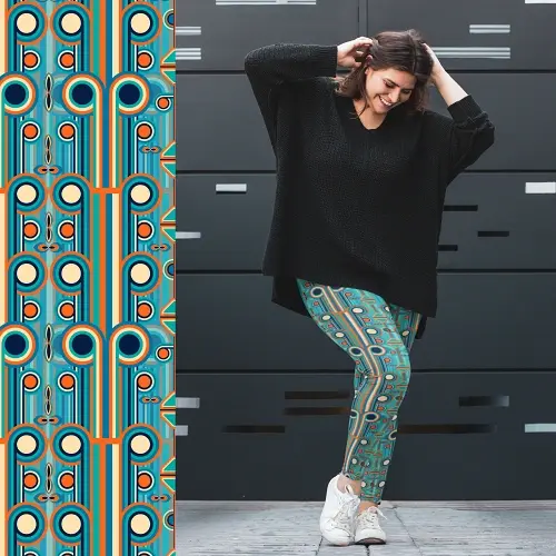 Thumbnail: Plus-size woman in Roller Pop Retro Pattern Leggings near wall