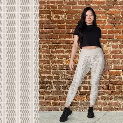Thumbnail: A woman wearing Ascent Art Deco leggings with pockets near a wall