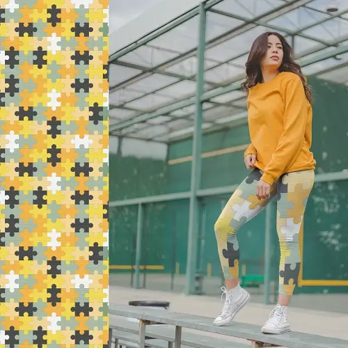 Thumbnail: Adult XS-XL wearing high-waisted Jigsaw Geometric Pattern Leggings in Citrus large print