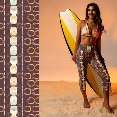Thumbnail: Capri XS-XL: Model wearing 3055 Spectrum Abstract Capris in Cabernet Sauvignon base.