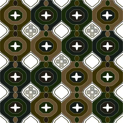 Thumbnail: Pattern Close-Up: Hexagonal shapes, plus motifs in green, brown, and beige tones.