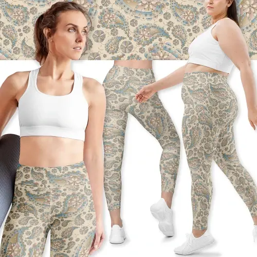 Group of women wearing matching Paisley Lush Peach Pattern Leggings