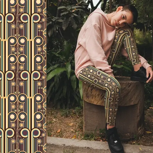 Thumbnail: Teen in yoga pose wearing muted Art Deco patterned leggings