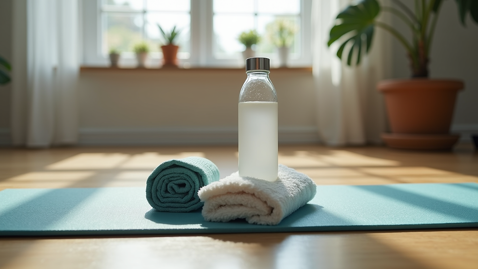 Eye-level view of a Pilates mat with a water bottle and towel