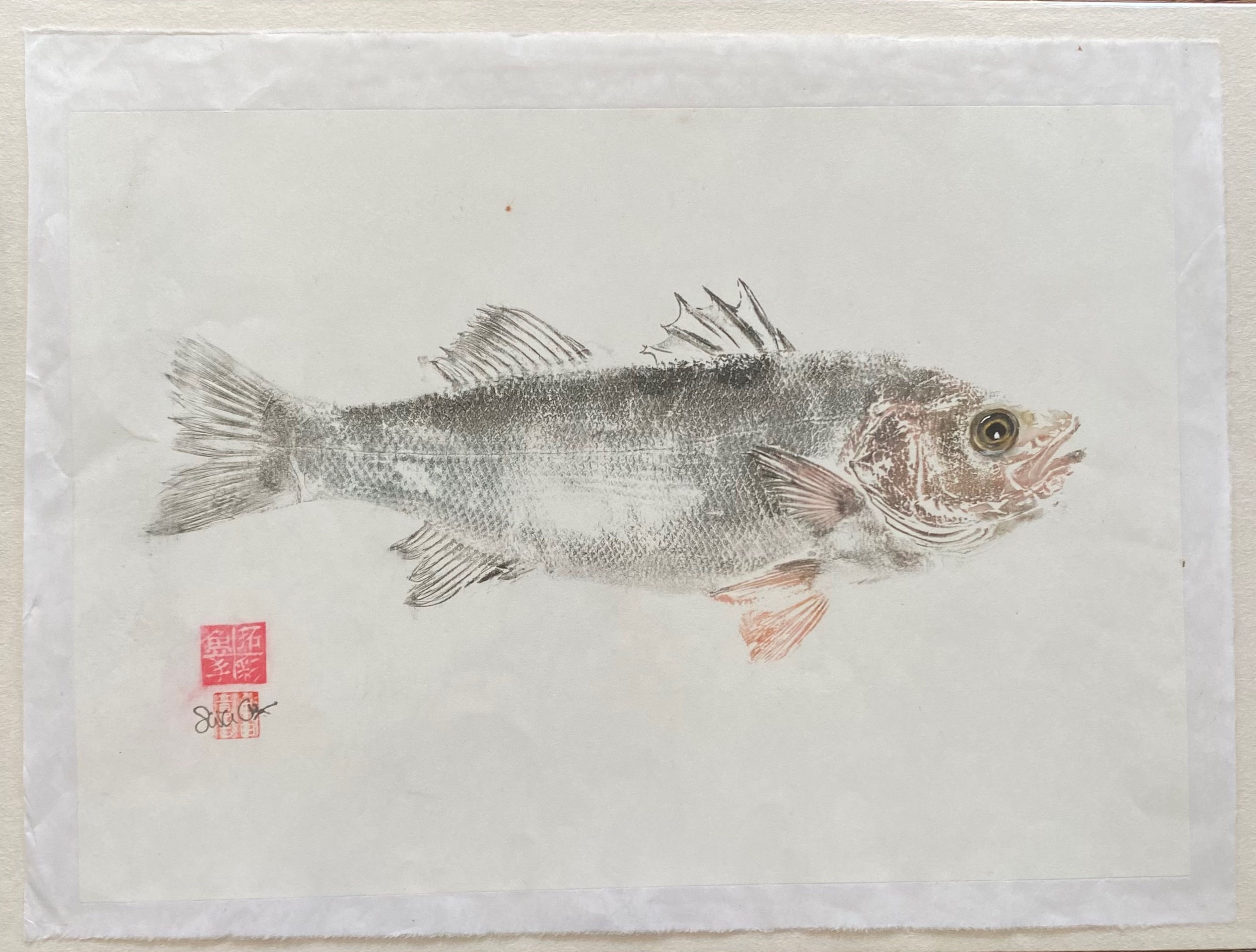 Original Gyotaku Print, Sea Bass - Orange/Black