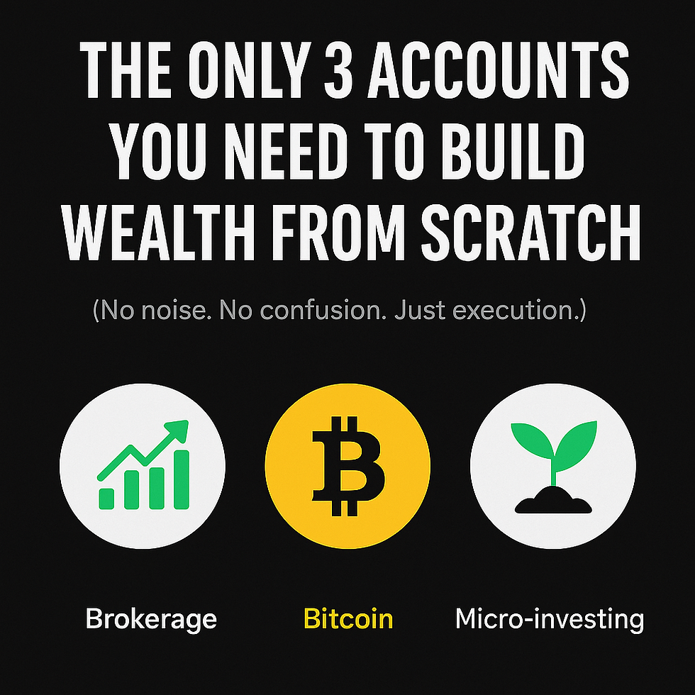 Bold graphic displaying the 3 core accounts to build wealth: Brokerage for investing, Bitcoin for long-term upside, and Micro-Investing for passive growth. Message: No noise. No confusion. Just execution.