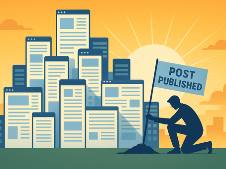 Illustration of a person planting a “Post Published” flag in front of a city skyline made of browser windows, symbolizing blogging as digital real estate and content as assets.
