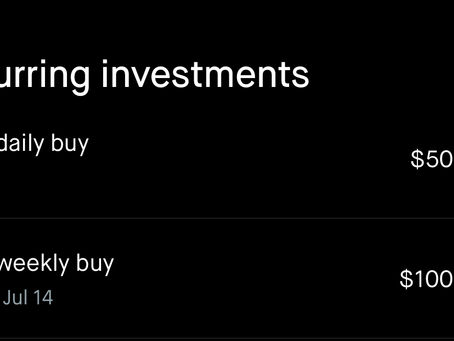 Screenshot of recurring MSTR investments showing a $50 daily buy and a $100 weekly buy scheduled for July 14, confirming the 365-day investing system is active.