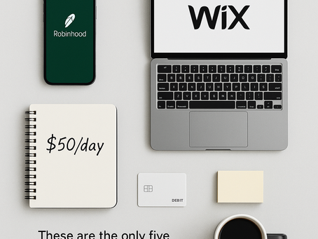 Five tools used in a disciplined investing system including Robinhood, Webull, Acorns, Google Sheets, and Wix to build long term wealth through consistent daily investing.