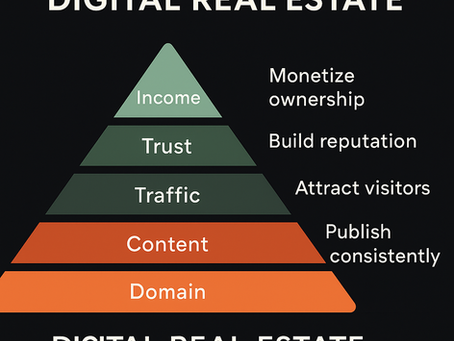 Flat design illustration of a pyramid labeled Digital Real Estate Pyramid with five layers Domain, Content, Traffic, Trust, Income representing the stages of building online digital assets.