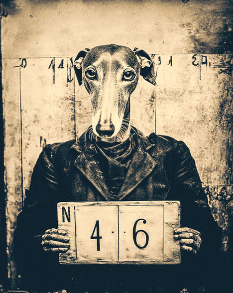 Image détournée d’un gangster vintage avec museau de chien, art contemporain humoristique.