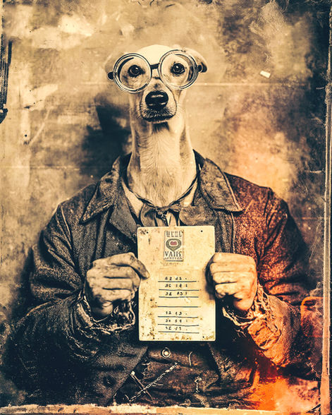 Portrait d’un gangster fictif années 30 revisité avec une tête de chien stylisée.