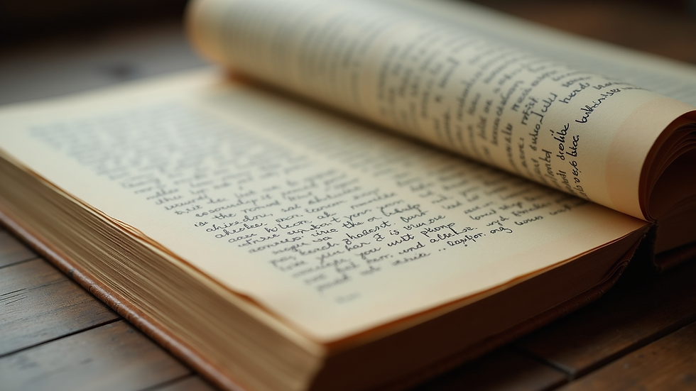 Close-up view of a wrapped book with a handwritten description on the paper