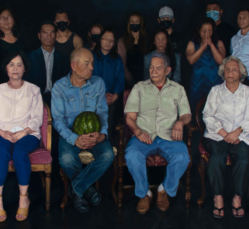 oil painting with rows of vietnamese people. A front row of elders is seated. One holds a watermelon on his lap. Two rows of people stand behind facing forward.