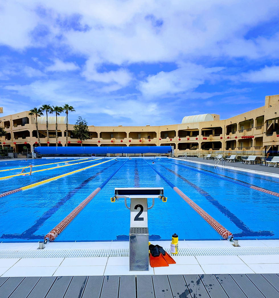 Outdoor pool with lane dividers, diving block marked "2," and a bottle and flippers nearby. Beige buildings and palm trees in the background.