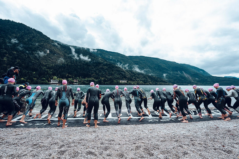 Triathletes in wetsuits and pink caps start a swim race by a scenic lake, surrounded by misty mountains and cloudy skies.