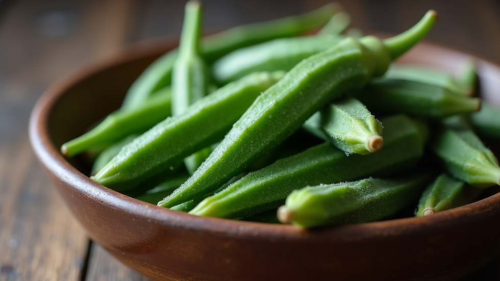 Close-up view of fresh okra in a bowl