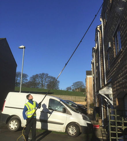 Water Fed Pole System. Commercial Window Cleaning. Window Cleaners In West Yorkshire; Elland, Halifax, Brighouse, Salterhebble, Greetland, Stainland, West Vale, Holywell Green, Krumlin, Huddersfield, Siddal.