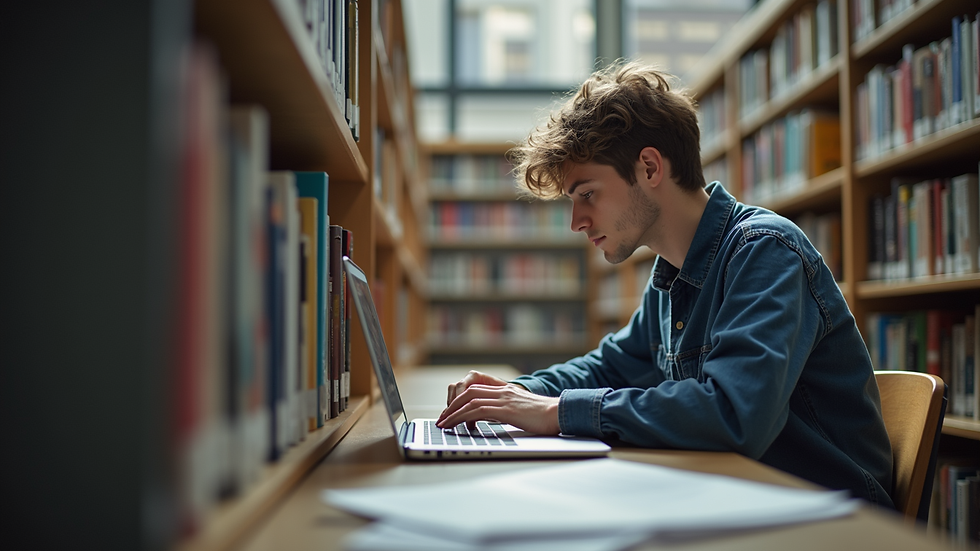 Eye-level view of a student working on a laptop in a college library