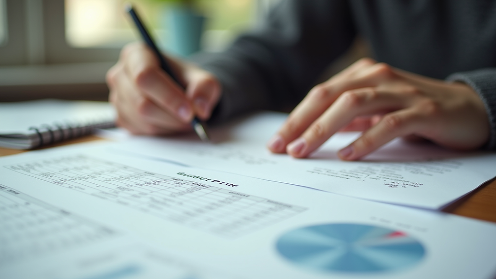 Close-up view of a student’s hands writing a budget plan on paper