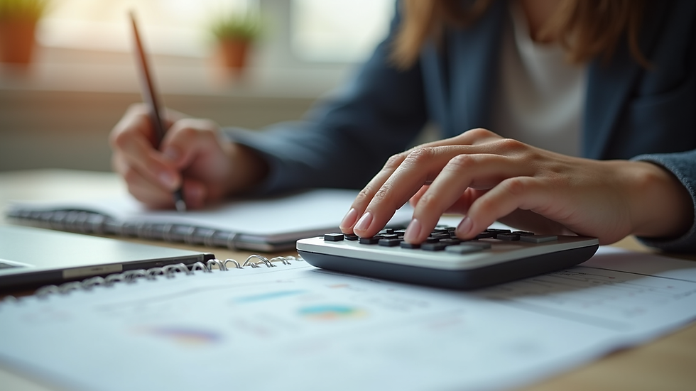 Close-up view of a student budgeting with a calculator and notebook