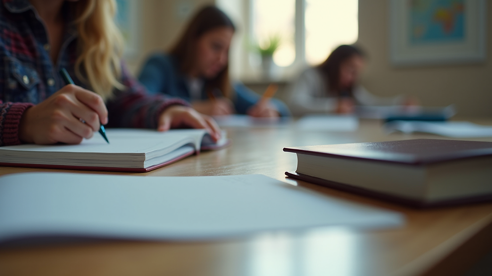 Eye-level view of a student studying with textbooks and notes on a desk