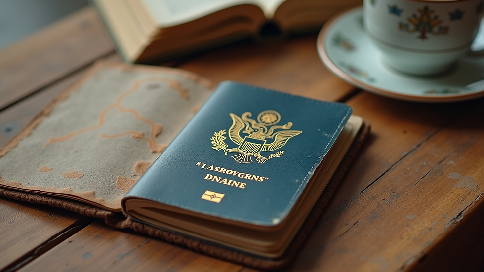Close-up view of a well-worn passport and travel journal on a wooden table