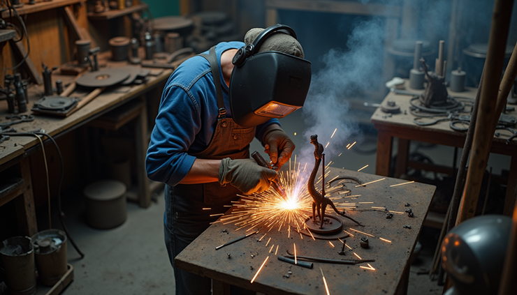 High angle view of an artist welding a metal sculpture in a workshop filled with tools and metal parts