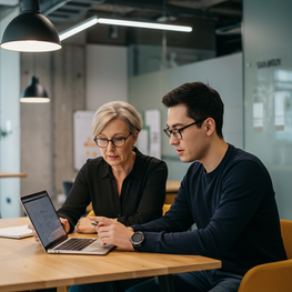 two mentorship program leaders at a computer