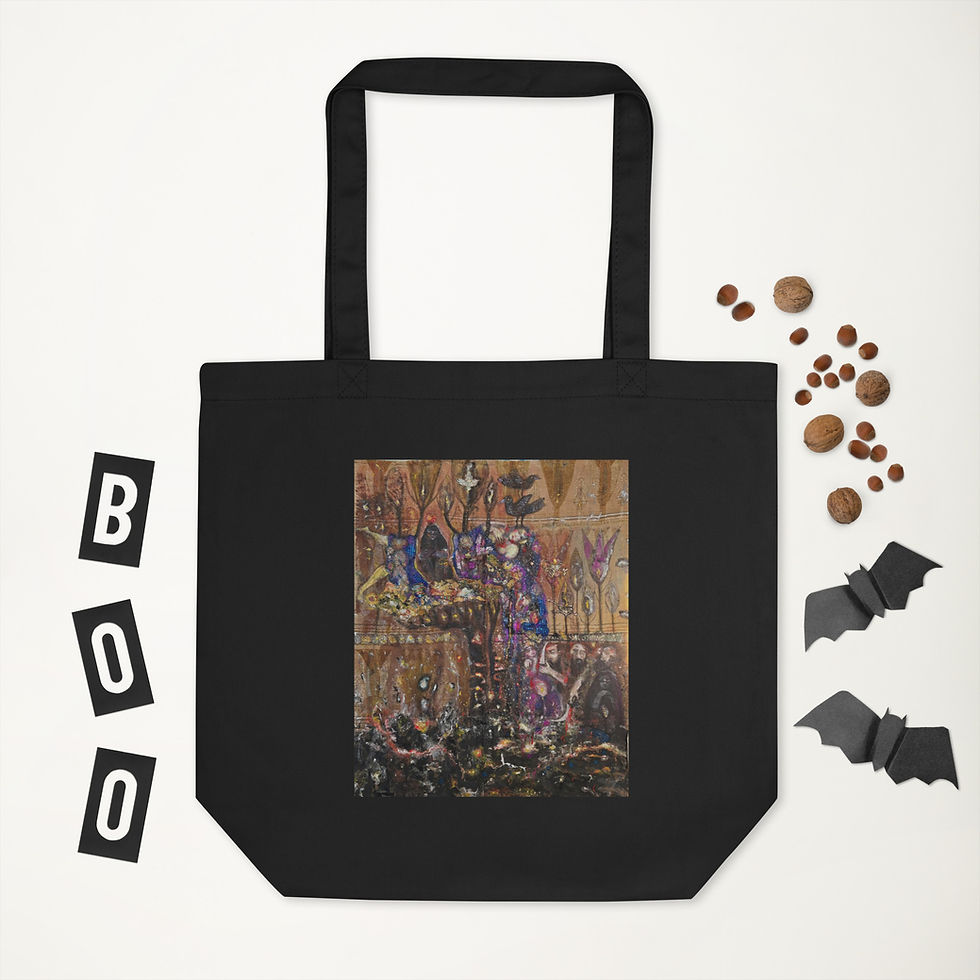 Black eco tote bag with artistic dark fantasy print