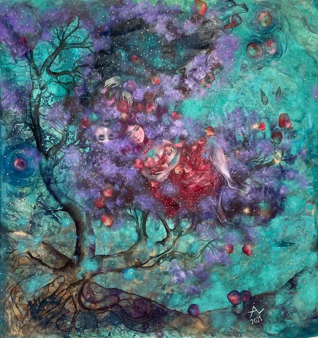 Surreal painting of a woman nestled in a purple tree.