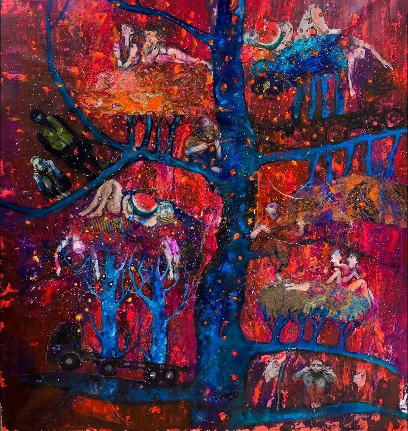 Vibrant abstract painting of a blue tree with figures on a red background