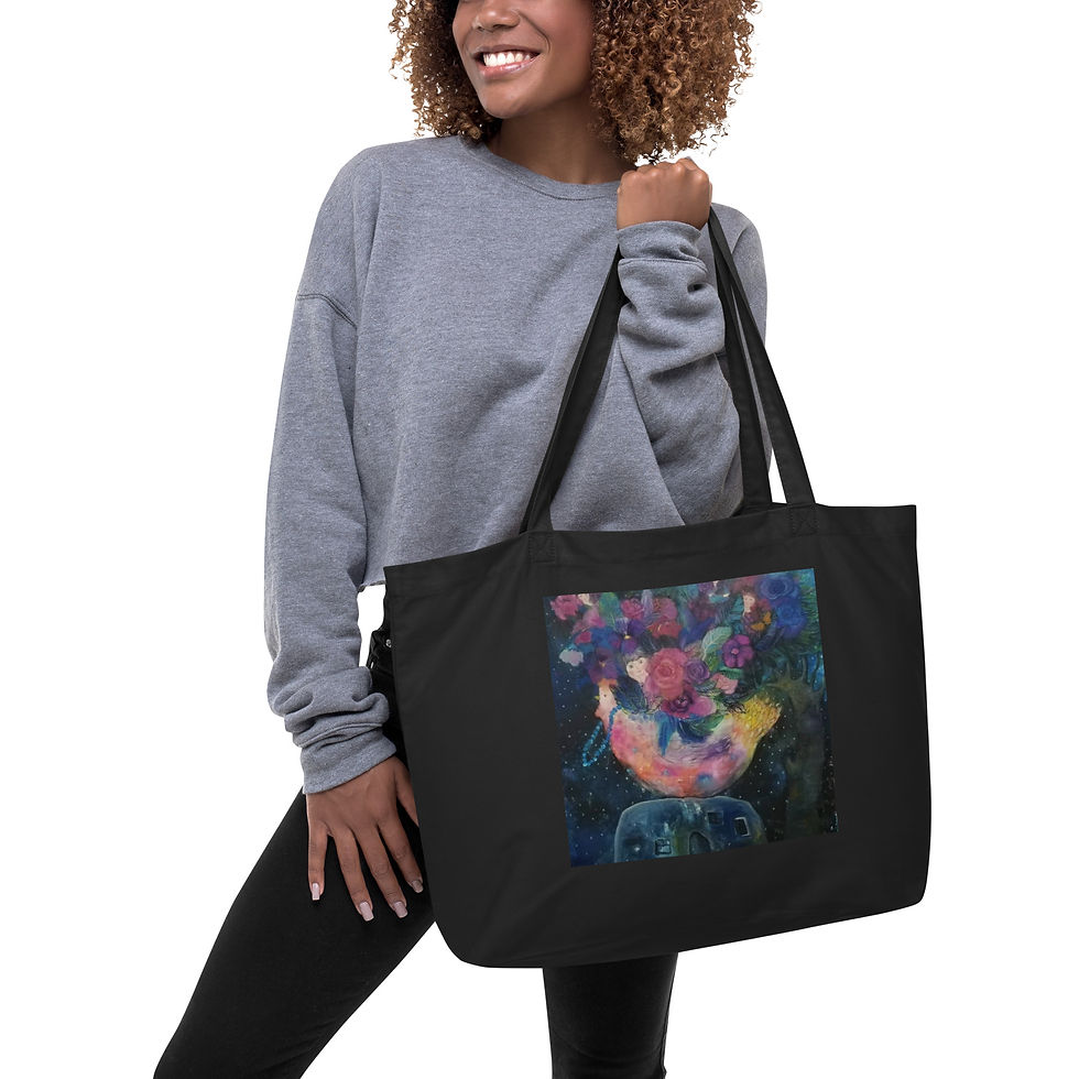 Large organic tote bag with colorful abstract art print.