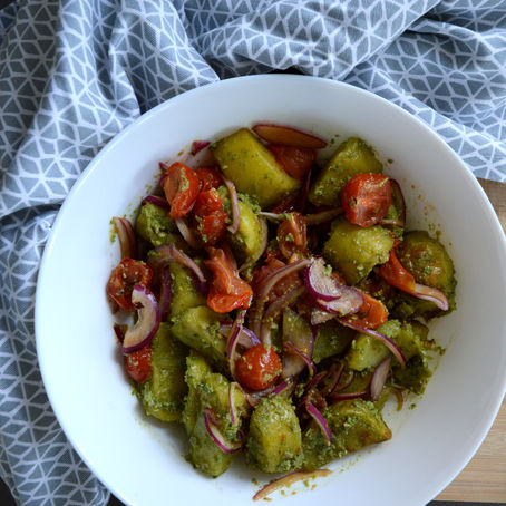 Vegan Pesto Potatoes With Balsamic Cherry Tomatoes & Onions
