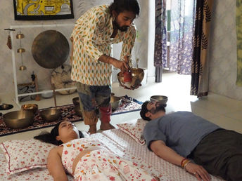 A corporate group sound bath session for workplace wellness by Ananda Dhwani.